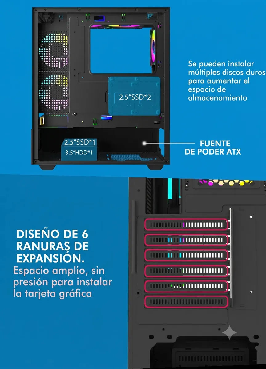 Gabinete Chasis Gamer Falcon Atx Vidrio Templado 5 Fan Argb Negro