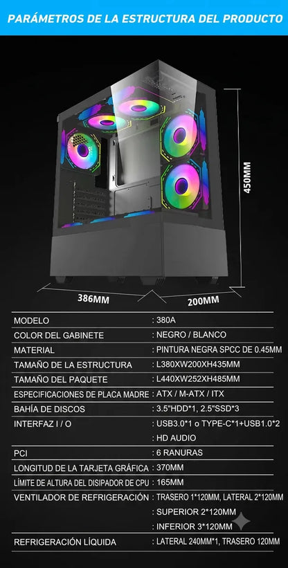 Gabinete Chasis Gamer Falcon Atx Vidrio Templado 5 Fan Argb Negro